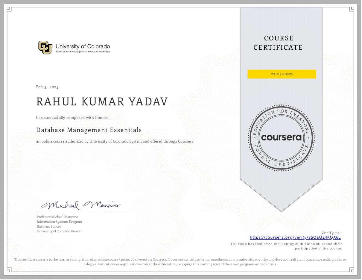 Database Management Essentials certificate